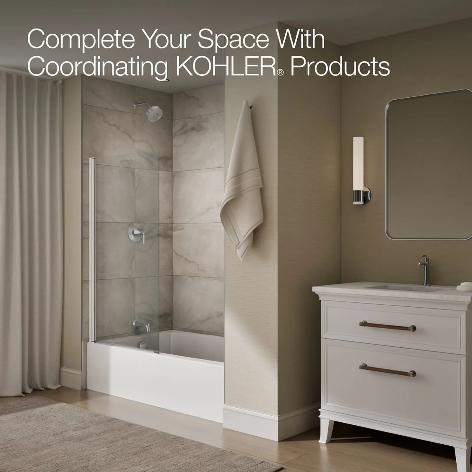 Bath screen, 56-15/16" x 32" W with 1/4" thick Crystal Clear glass and square corner^Kohler Best