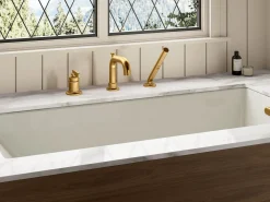 Deck-mount bath faucet with handshower^Kohler