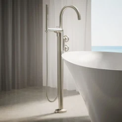 Floor-mount bath filler trim with industrial handles and handshower^Kohler Clearance