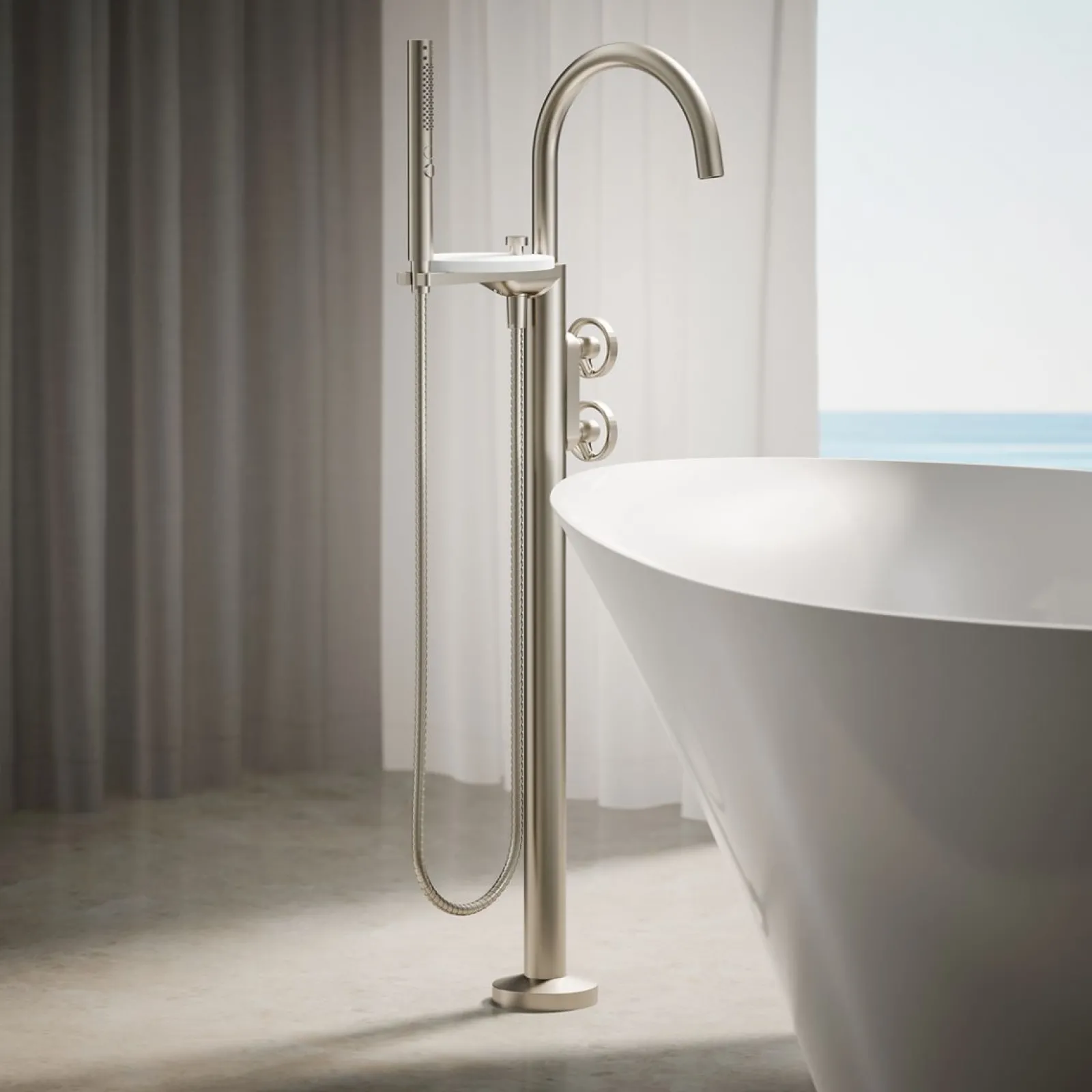 Floor-mount bath filler trim with industrial handles and handshower^Kohler Clearance