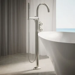 Floor-mount bath filler trim with industrial handles and handshower^Kohler Clearance