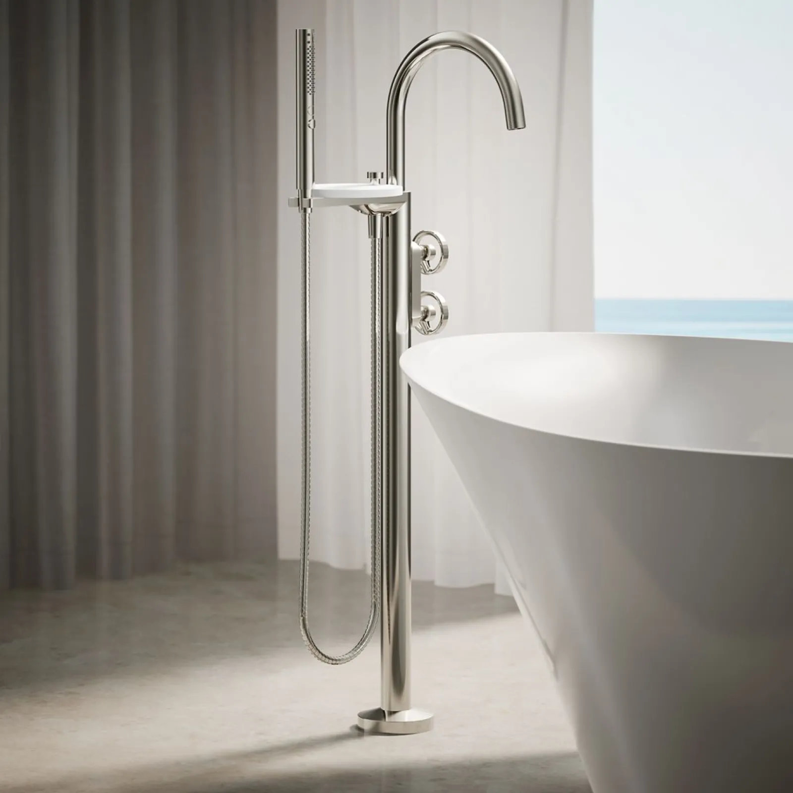 Floor-mount bath filler trim with industrial handles and handshower^Kohler Clearance