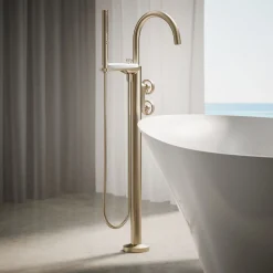 Floor-mount bath filler trim with industrial handles and handshower^Kohler Clearance