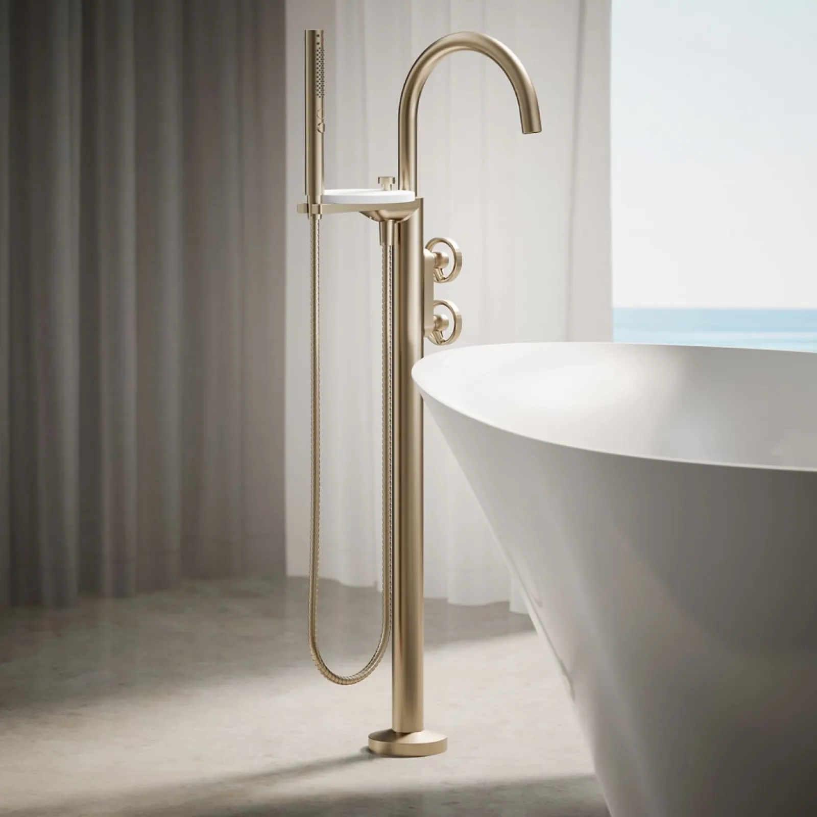 Floor-mount bath filler trim with industrial handles and handshower^Kohler Clearance