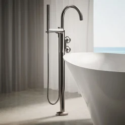 Floor-mount bath filler trim with industrial handles and handshower^Kohler Clearance