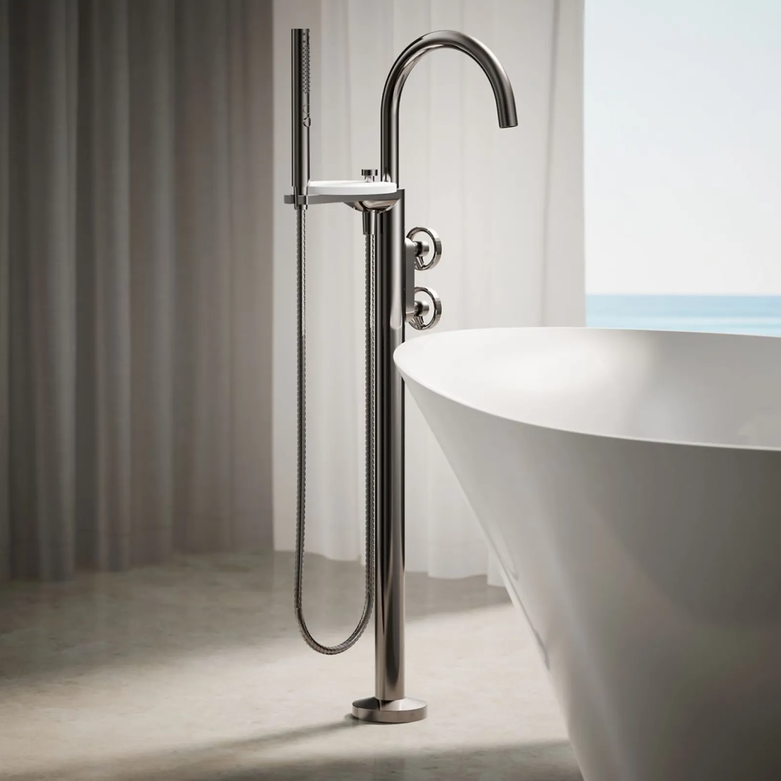 Floor-mount bath filler trim with industrial handles and handshower^Kohler Clearance