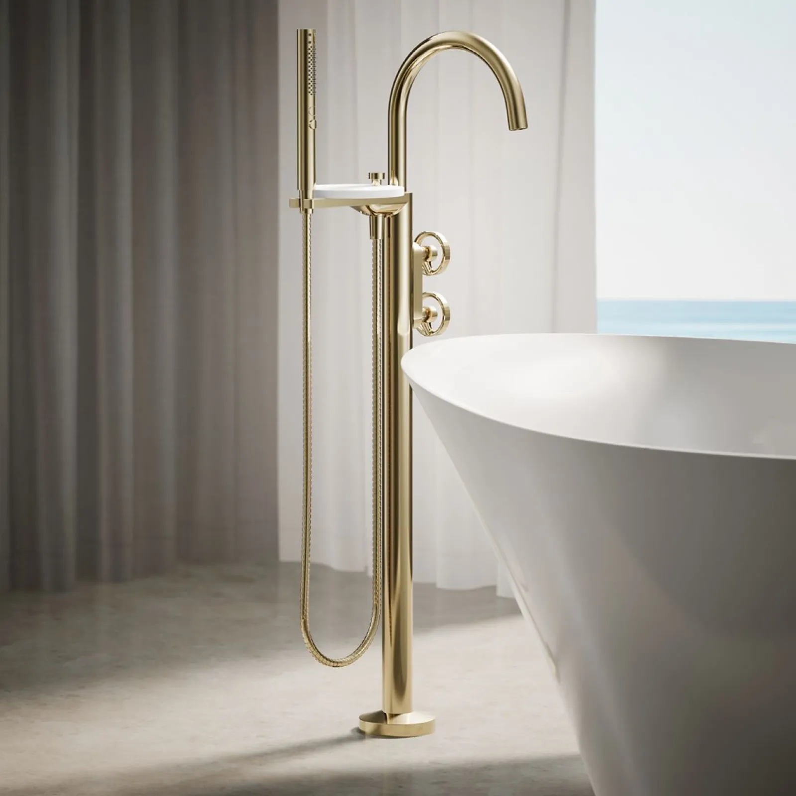 Floor-mount bath filler trim with industrial handles and handshower^Kohler Clearance