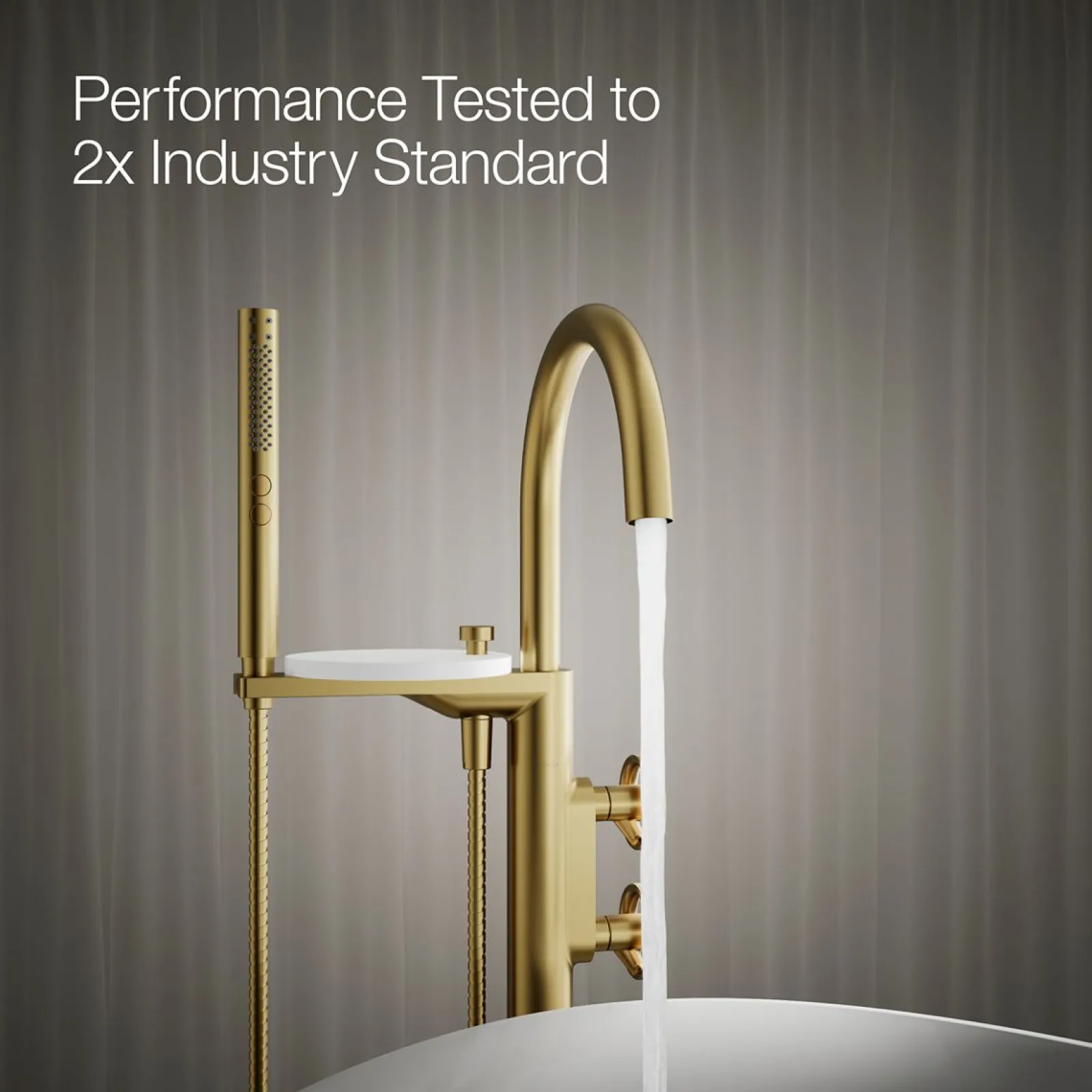 Floor-mount bath filler trim with industrial handles and handshower^Kohler Clearance