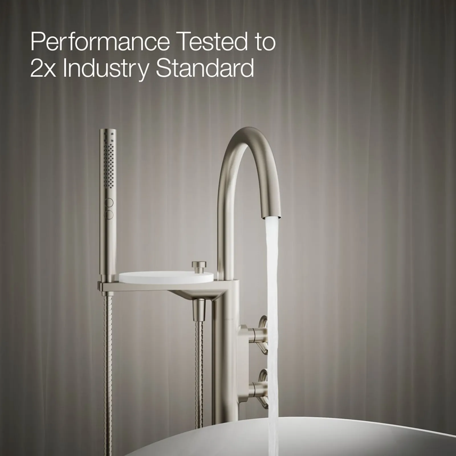 Floor-mount bath filler trim with industrial handles and handshower^Kohler Clearance