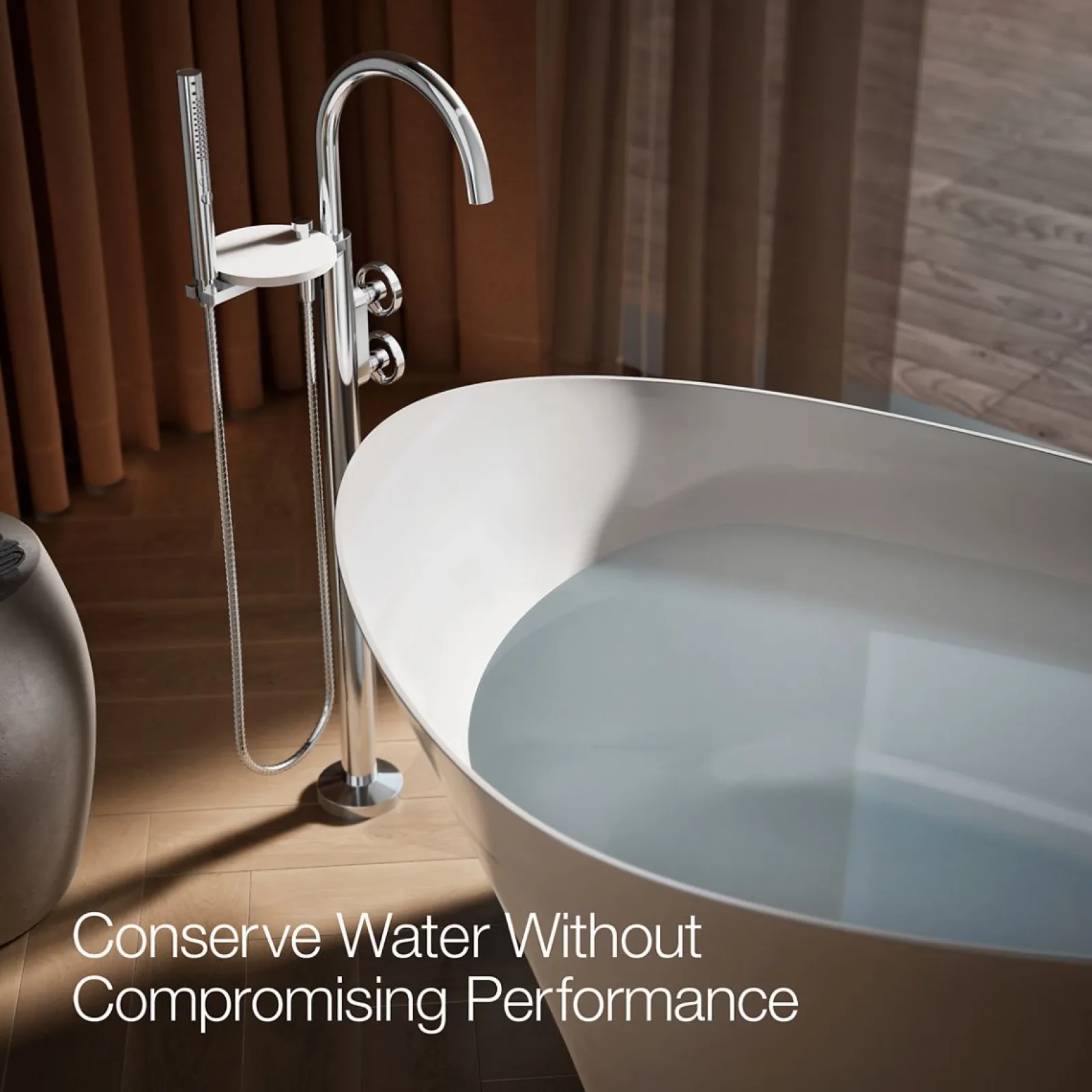 Floor-mount bath filler trim with industrial handles and handshower^Kohler Clearance
