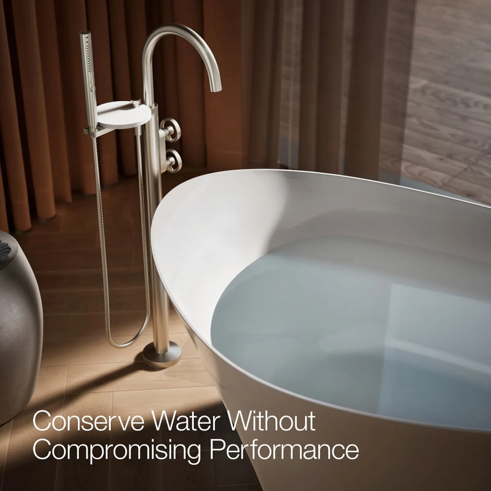 Floor-mount bath filler trim with industrial handles and handshower^Kohler Clearance