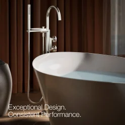 Floor-mount bath filler trim with industrial handles and handshower^Kohler Clearance