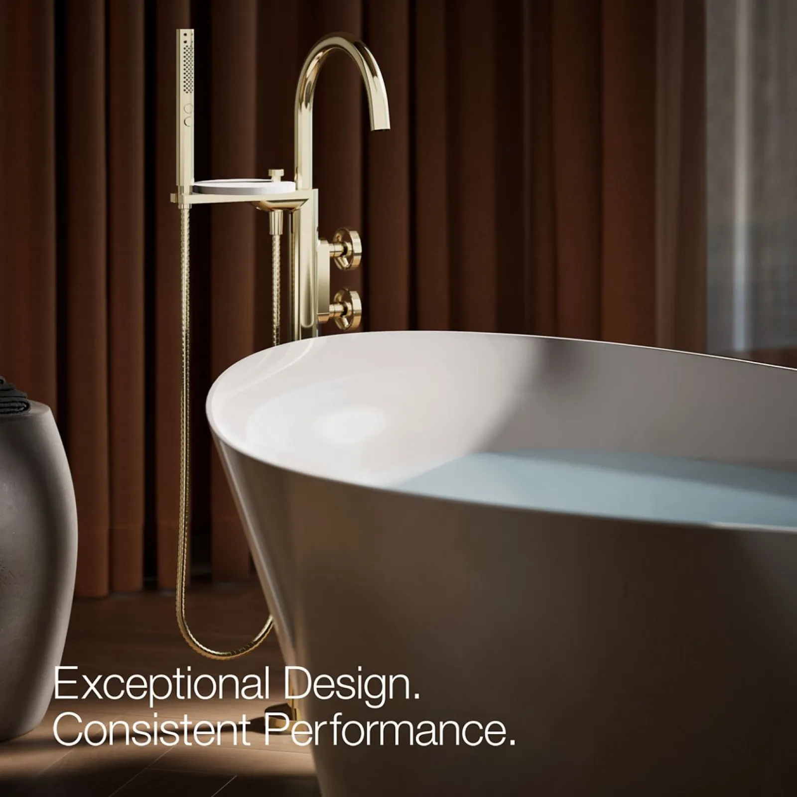 Floor-mount bath filler trim with industrial handles and handshower^Kohler Clearance