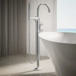 Floor-mount bath filler trim with industrial handles and handshower^Kohler Clearance