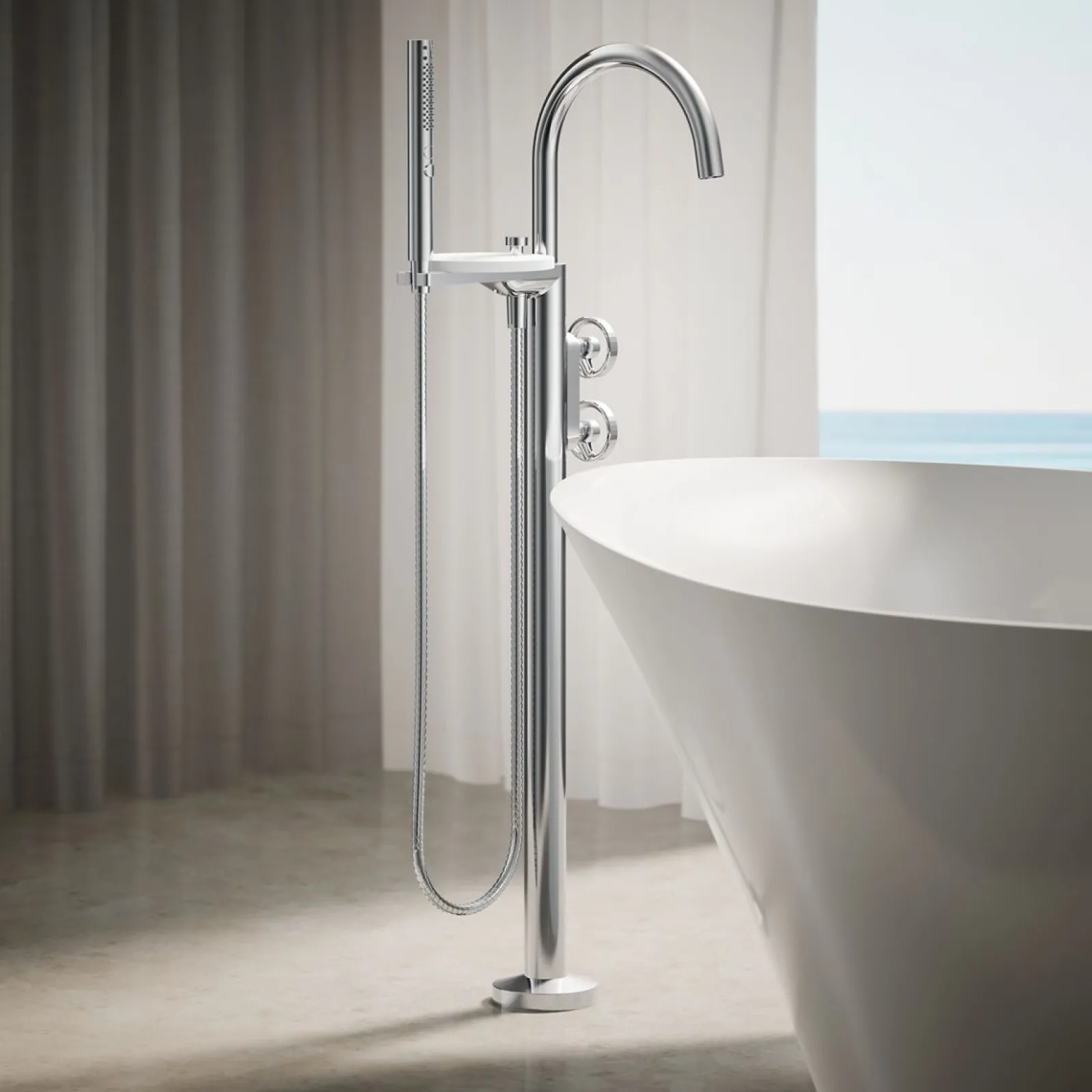Floor-mount bath filler trim with industrial handles and handshower^Kohler Clearance
