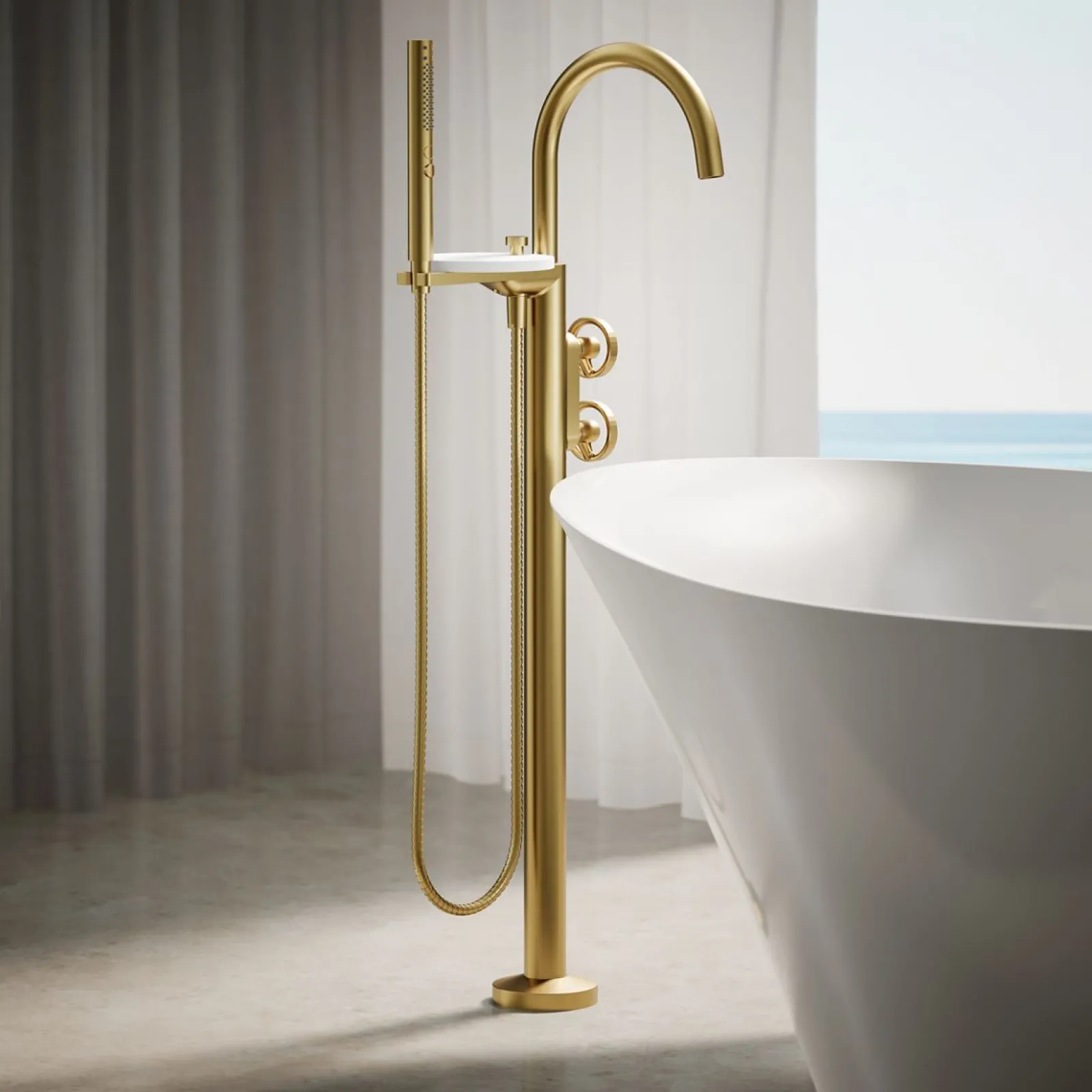 Floor-mount bath filler trim with industrial handles and handshower^Kohler Clearance