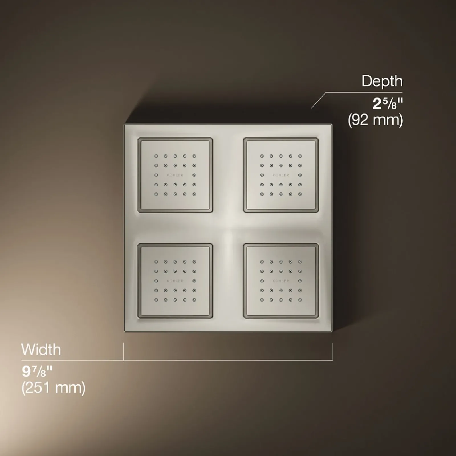Overhead shower panel with four 22-nozzle sprayheads^Kohler