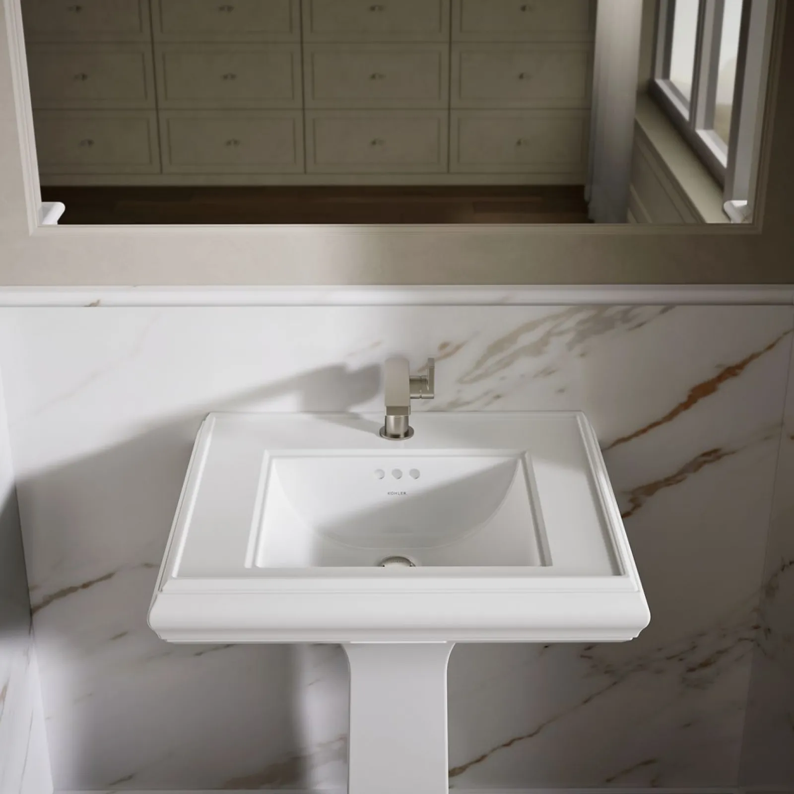 Pedestal/console table bathroom sink basin with single faucet-hole drilling^Kohler Clearance