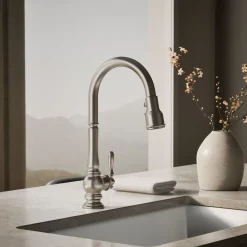 Pull-down kitchen sink faucet with three-function sprayhead^Kohler Discount