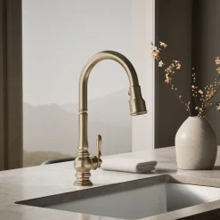 Pull-down kitchen sink faucet with three-function sprayhead^Kohler Discount