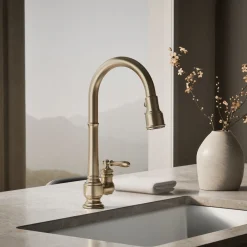 Pull-down kitchen sink faucet with three-function sprayhead^Kohler New