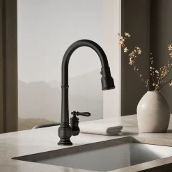 Pull-down kitchen sink faucet with three-function sprayhead^Kohler New