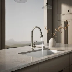 Pull-down kitchen sink faucet with three-function sprayhead^Kohler New
