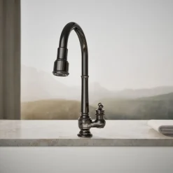 Pull-down kitchen sink faucet with three-function sprayhead^Kohler New