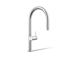 Pull-down kitchen sink faucet with two-function sprayhead^Kohler Hot