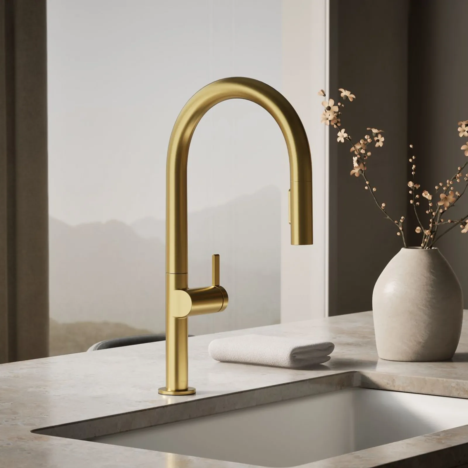 Pull-down kitchen sink faucet with two-function sprayhead^Kohler Hot