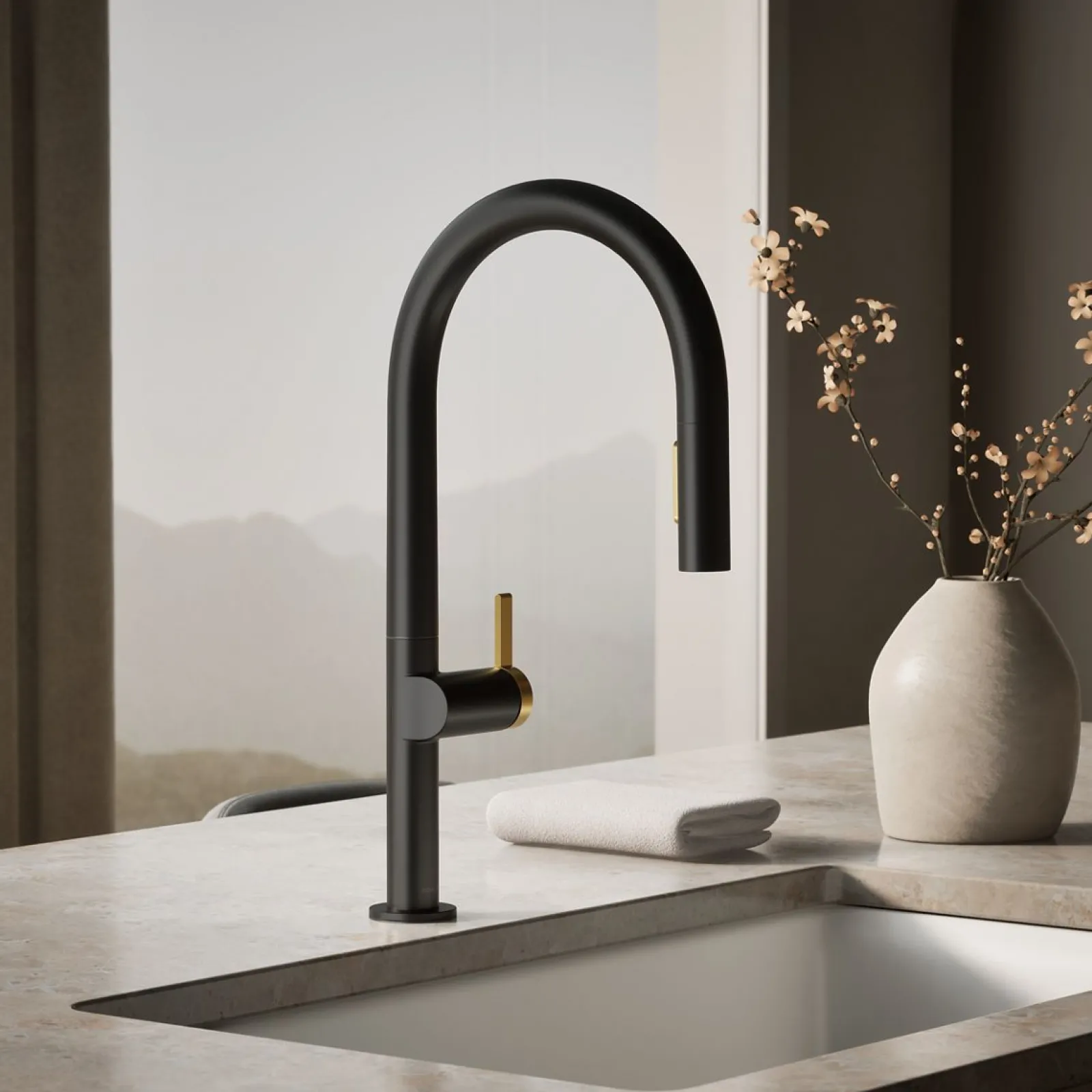 Pull-down kitchen sink faucet with two-function sprayhead^Kohler Hot