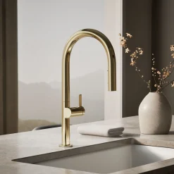 Pull-down kitchen sink faucet with two-function sprayhead^Kohler Hot