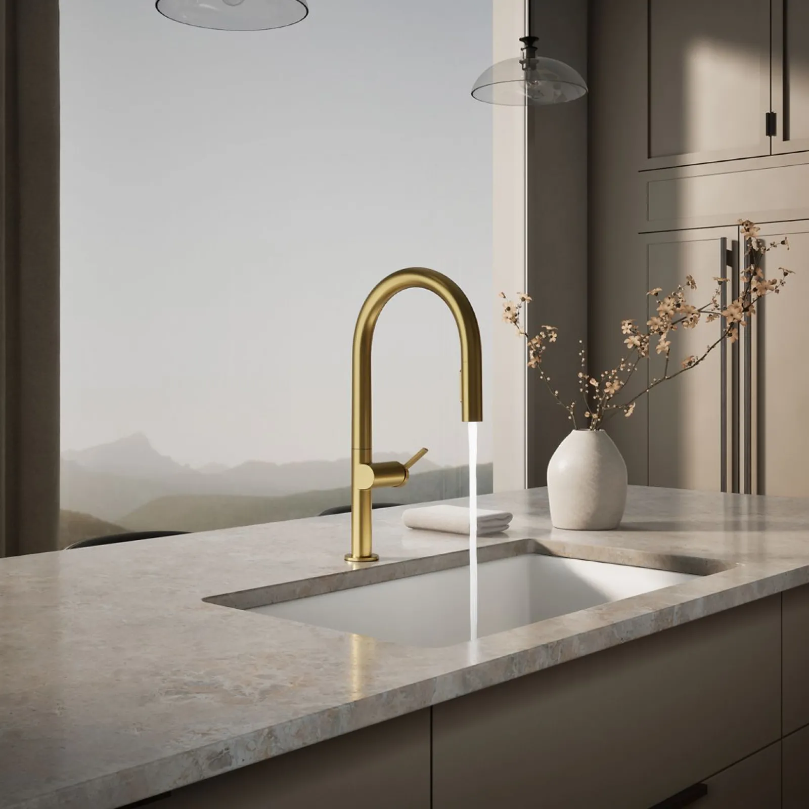 Pull-down kitchen sink faucet with two-function sprayhead^Kohler Hot