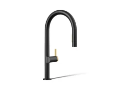 Pull-down kitchen sink faucet with two-function sprayhead^Kohler Hot