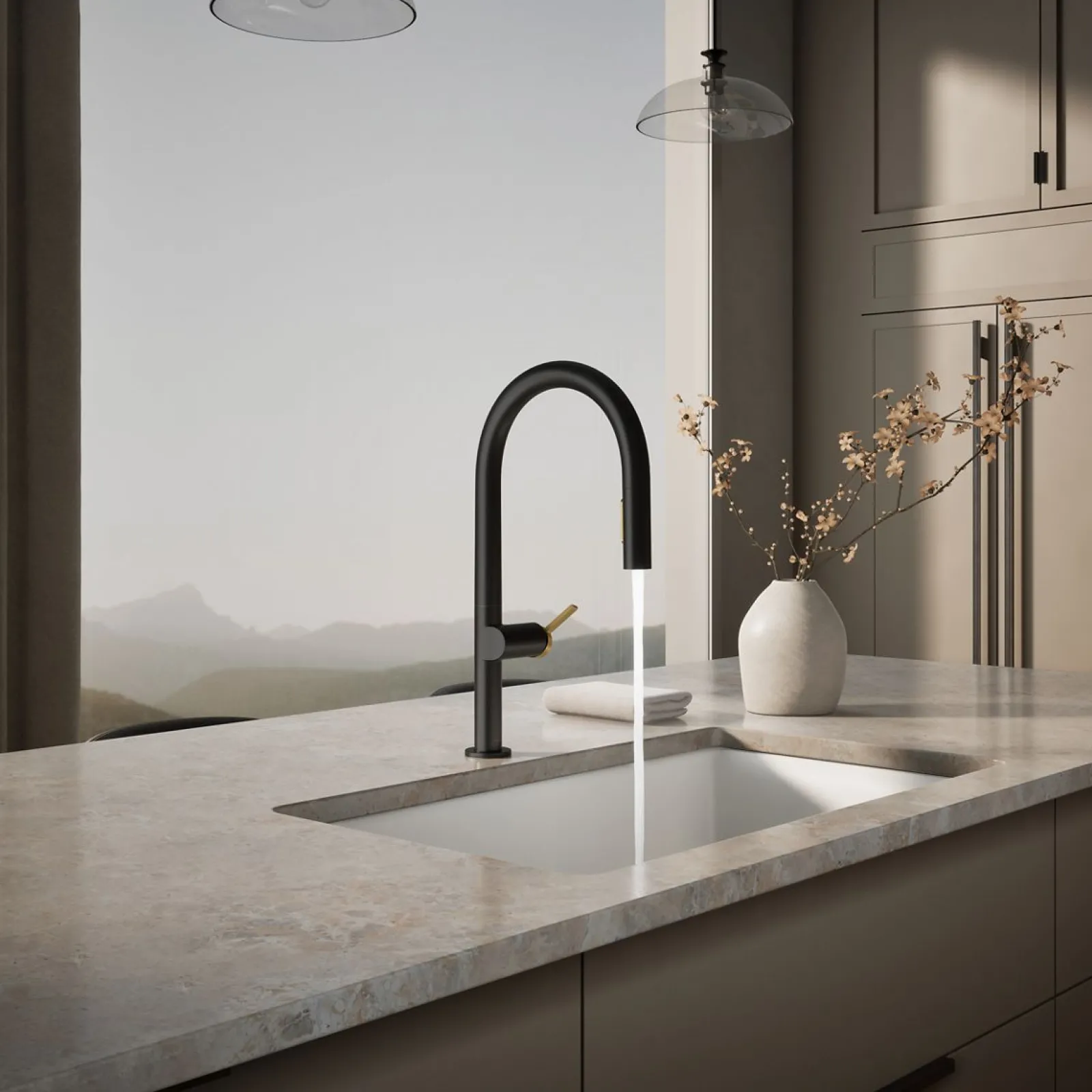 Pull-down kitchen sink faucet with two-function sprayhead^Kohler Hot