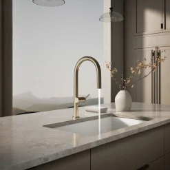 Pull-down kitchen sink faucet with two-function sprayhead^Kohler Hot