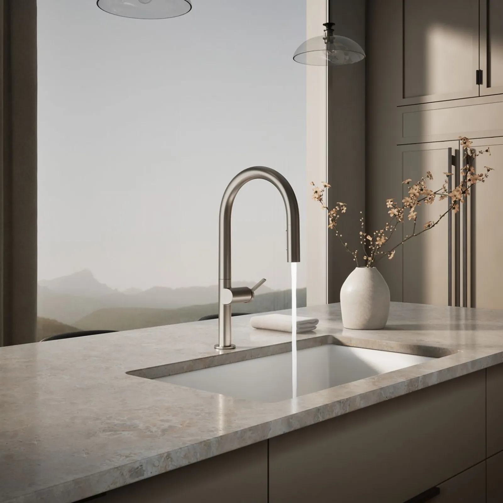 Pull-down kitchen sink faucet with two-function sprayhead^Kohler Hot