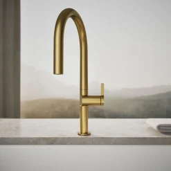 Pull-down kitchen sink faucet with two-function sprayhead^Kohler Hot