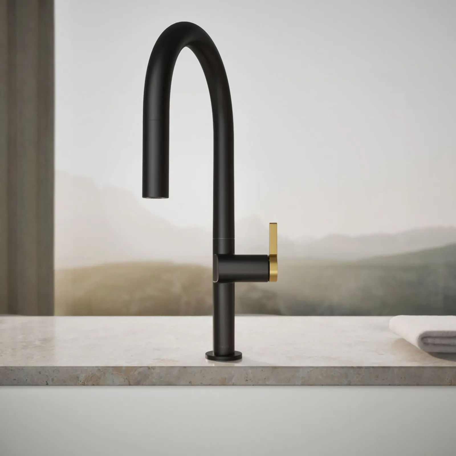Pull-down kitchen sink faucet with two-function sprayhead^Kohler Hot