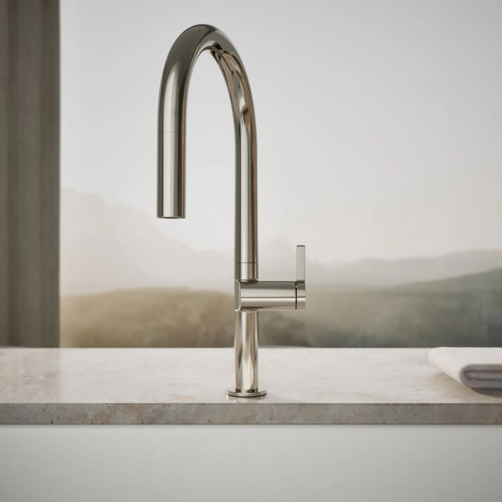 Pull-down kitchen sink faucet with two-function sprayhead^Kohler Hot