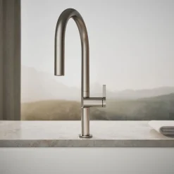 Pull-down kitchen sink faucet with two-function sprayhead^Kohler Hot