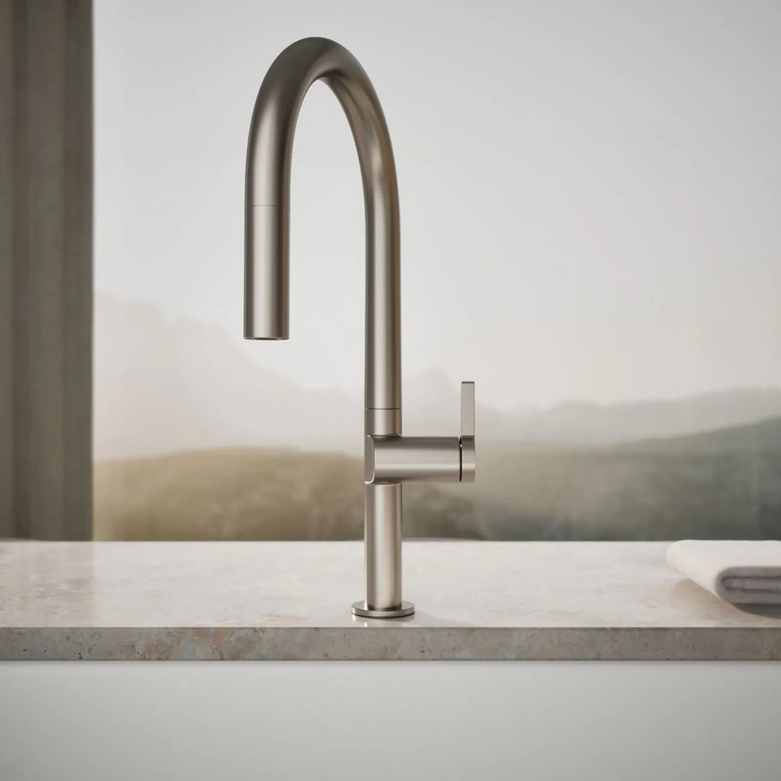 Pull-down kitchen sink faucet with two-function sprayhead^Kohler Hot