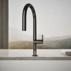 Pull-down kitchen sink faucet with two-function sprayhead^Kohler Hot