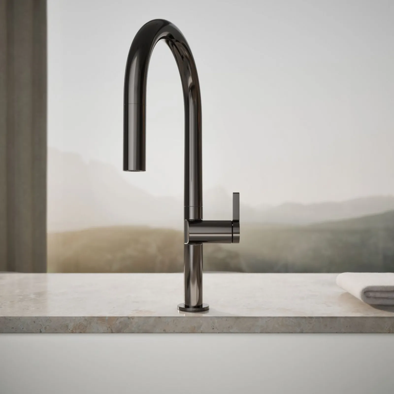 Pull-down kitchen sink faucet with two-function sprayhead^Kohler Hot