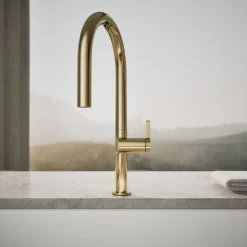 Pull-down kitchen sink faucet with two-function sprayhead^Kohler Hot