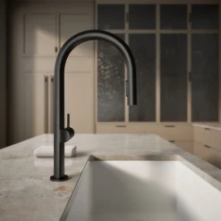 Pull-down kitchen sink faucet with two-function sprayhead^Kohler Hot