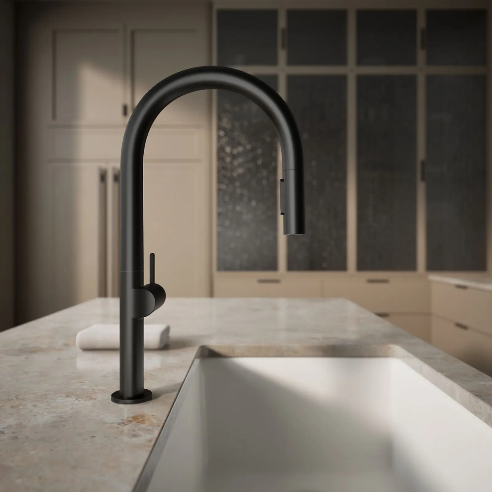 Pull-down kitchen sink faucet with two-function sprayhead^Kohler Hot