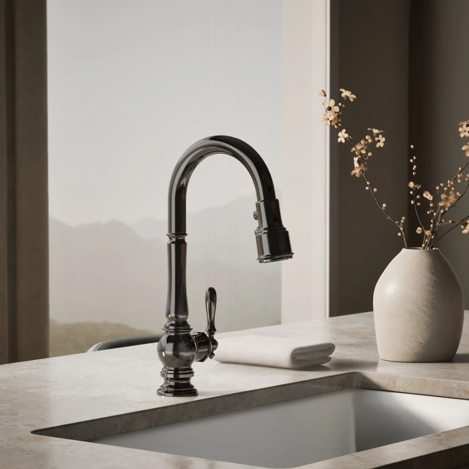 Pull-down kitchen sink faucet with three-function sprayhead^Kohler