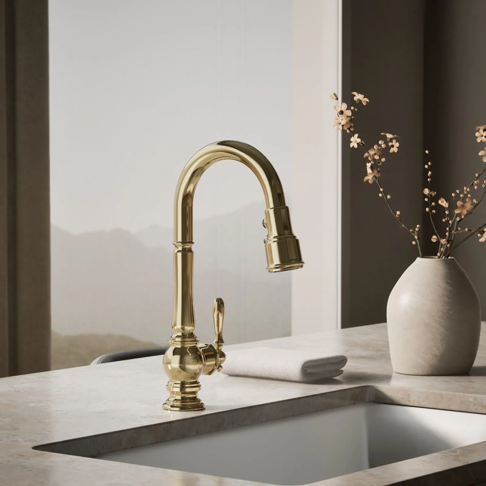 Pull-down kitchen sink faucet with three-function sprayhead^Kohler