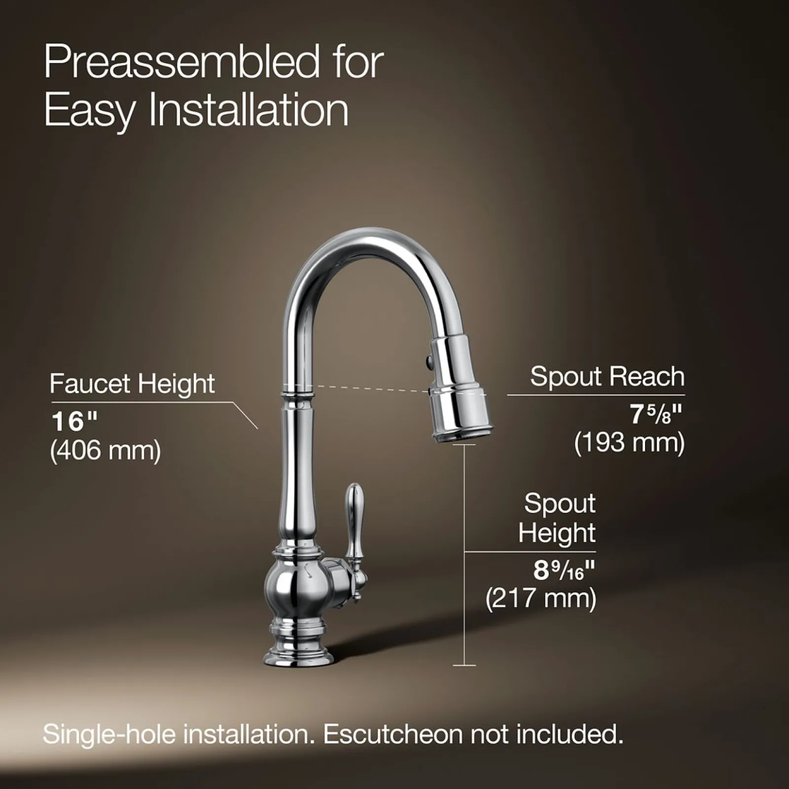 Pull-down kitchen sink faucet with three-function sprayhead^Kohler